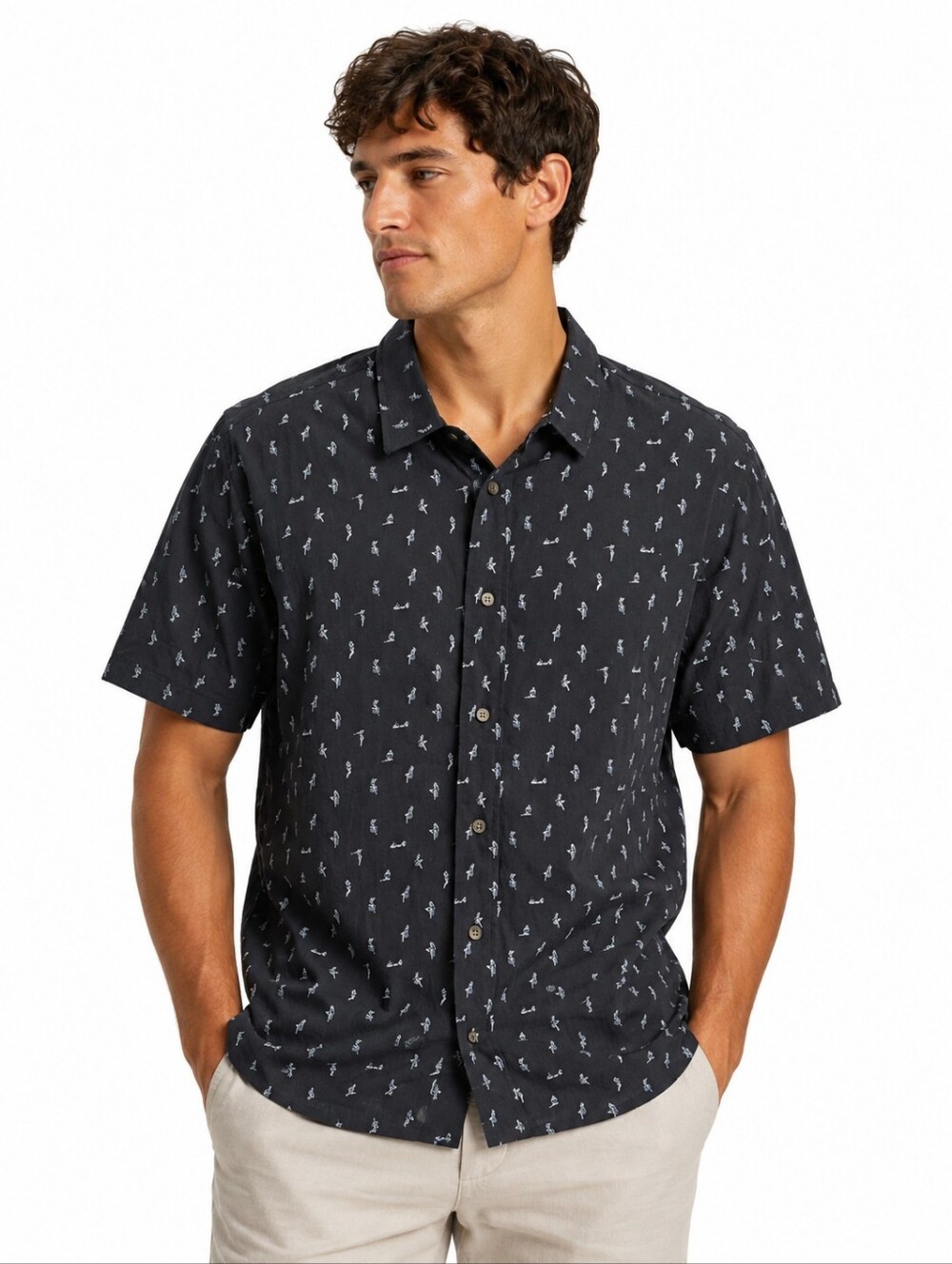 Cotton & Co. Men's Retro Pin-Up Print Shirt Navy Blue Casual Size Large